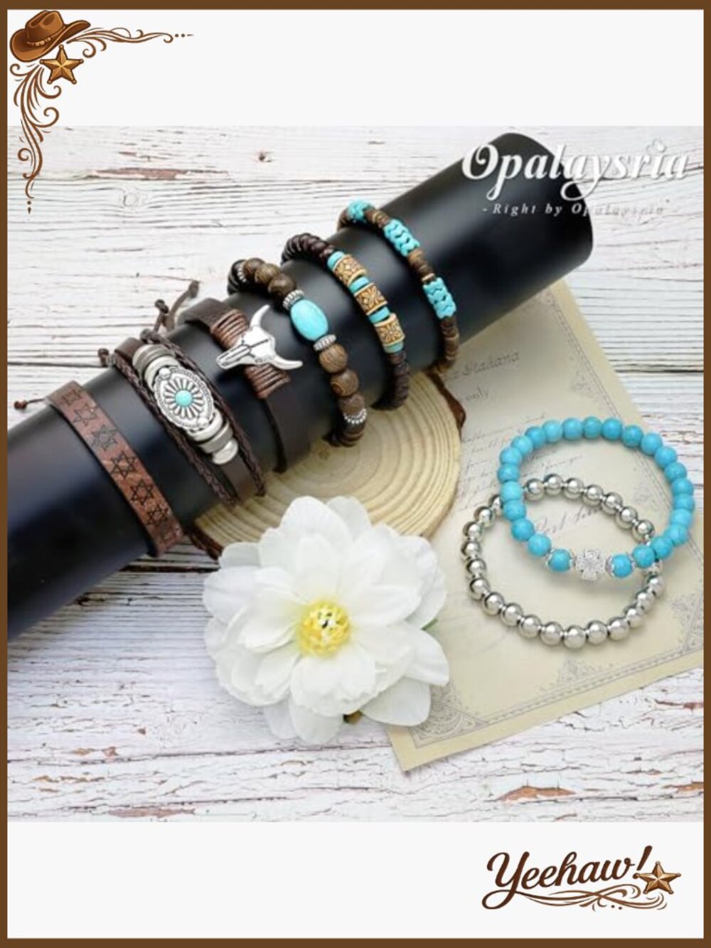 8 Pcs Stack Western Bracelets Set Turquoise Beaded Concho Bangle Cowboy Chic - Picture 6 of 7